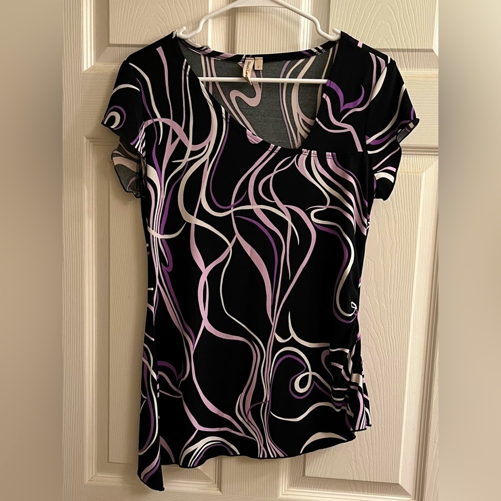 SUSAN LAWRENCE~STYLISH BLACK AND PURPLE~WOMEN’S TOP~LG